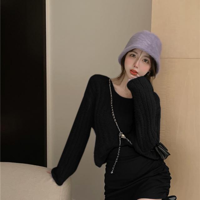 Áo Sweater Dệt Kim Dáng Ngắn Màu Hồng Thời Trang Thu Đông Mới