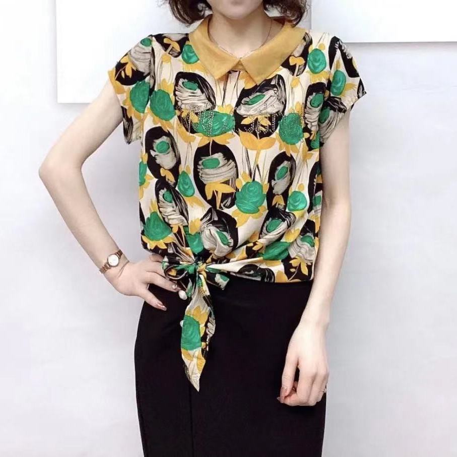 Short-sleeved T-shirt female 2021 summer new style high-end doll collar design, fashionable and thin, large size ladies chiffon shirt