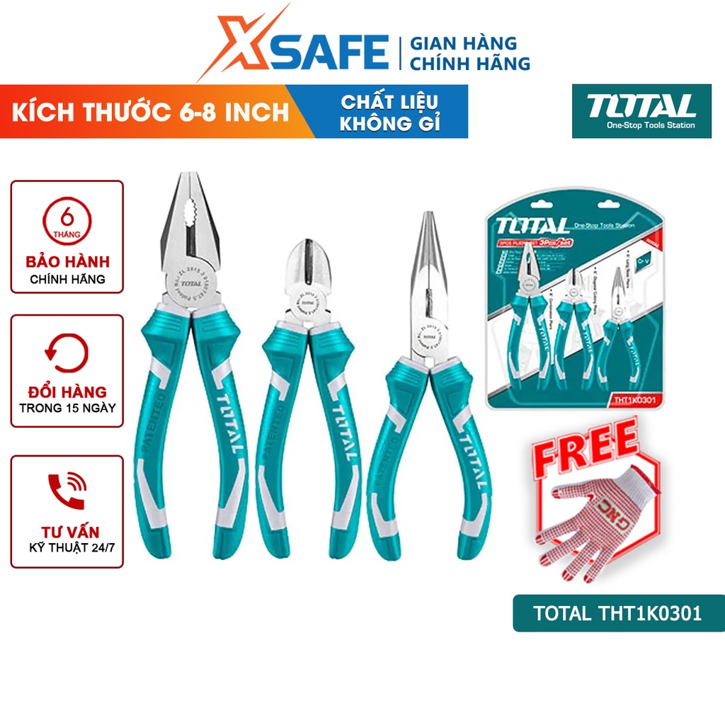 Bộ 3 kìm TOTAL THT1K0301 gồm kìm cắt, kìm răng và kìm mỏ dài, có lớp dầu bóng chống gỉ, đóng gói thẻ trượt - chính hãng