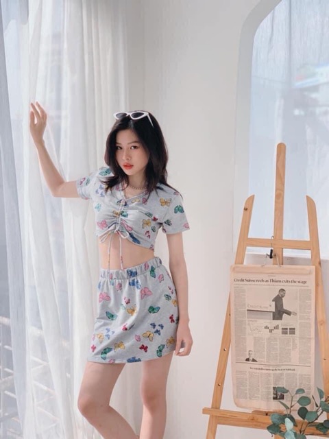 Set CropTop Dây Rút+ Váy Bướm Kèm Ảnh Thật