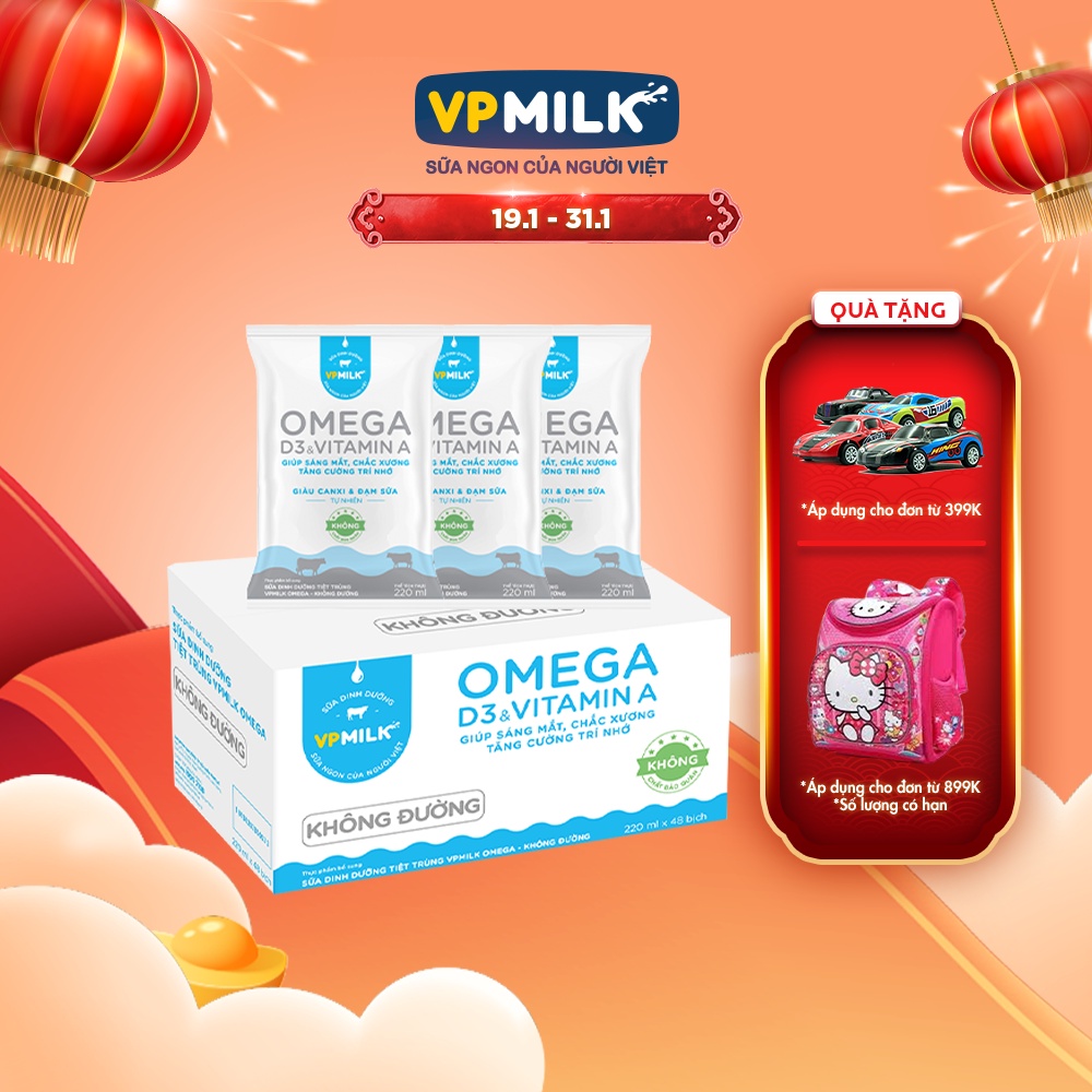 [Mã BMBAU50 giảm 50K đơn 150K] Sữa Dinh Dưỡng Tiệt Trùng VPMilk Omega 220ml (Thùng 48 bịch)