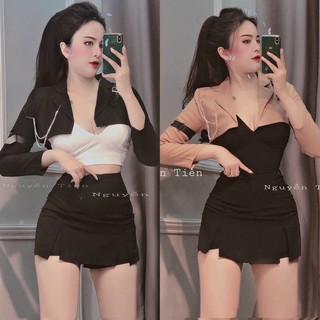 Áo khoác croptop cổ vest phối dây xích- hình thật sàn