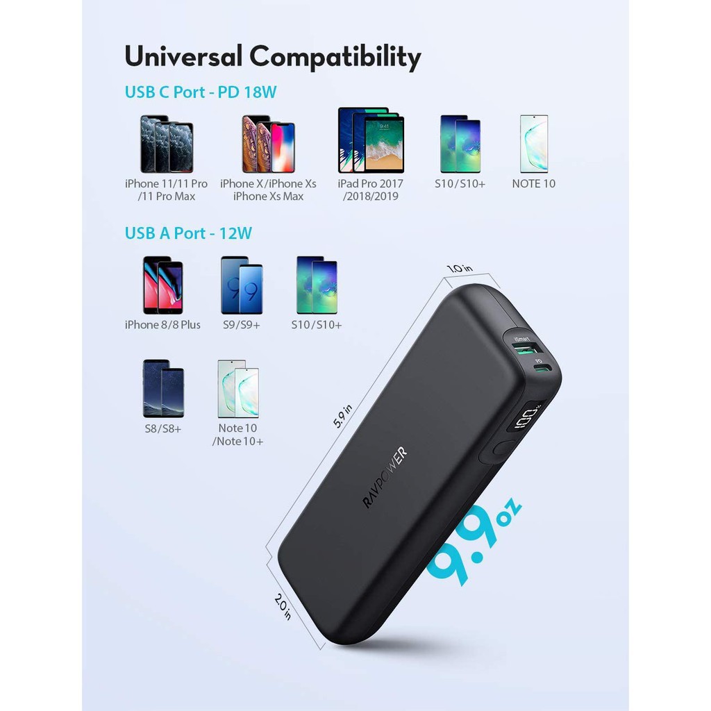 Pin Sạc dự phòng RAVPower 15000mAh PD 30w RP-CPBN003 cho iPhone iPad IP 8 Plus 10 11 12 Pro max x xs samsung Oppo nhanh