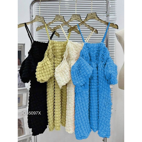 Đầm 2 Dây Babydoll Ulzzang Váy Xốp Trễ Vai Form Rộng Tay Bồng Tiểu Thư D35097X