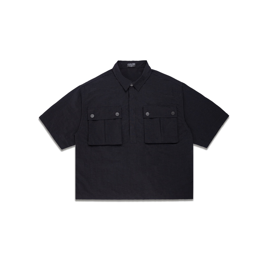 Áo polo "GOLDIE POCKET" tay lửng chất gió màu đen