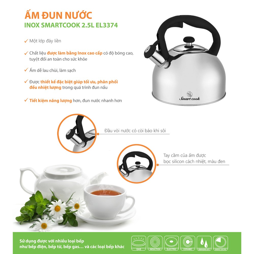 Ấm đun nước bằng inox cao cấp Smartcook 2.5L SM3374