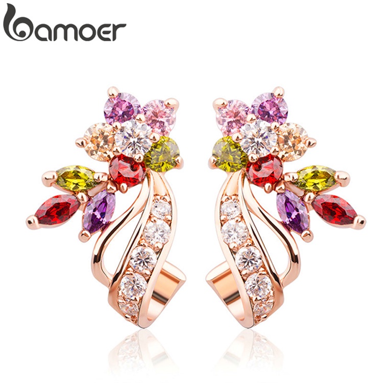 Bông tai Bamoer JIE019 tạo hình hoa với pha lê hồng  vàng thời trang thích hợp làm quà tặng cho trẻ em gái và phụ nữ