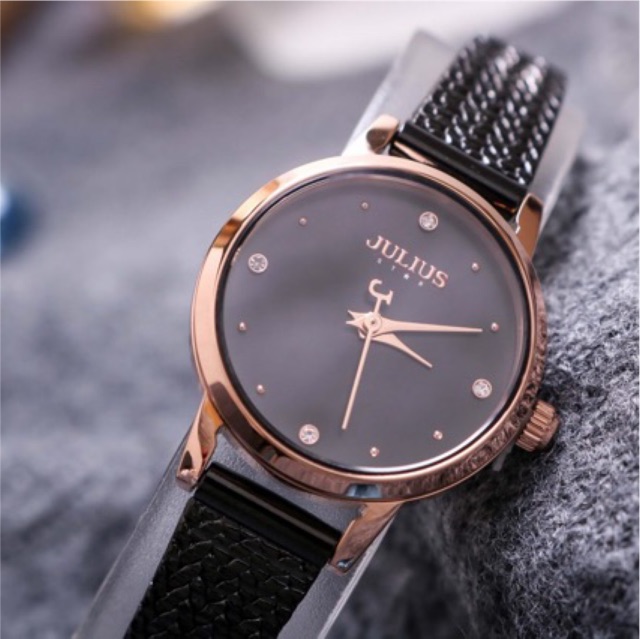 Đồng Hồ Nữ JS-045C Kính Sapphire Julius Star Hàn Quốc Dây Thép (Mặt Đen)