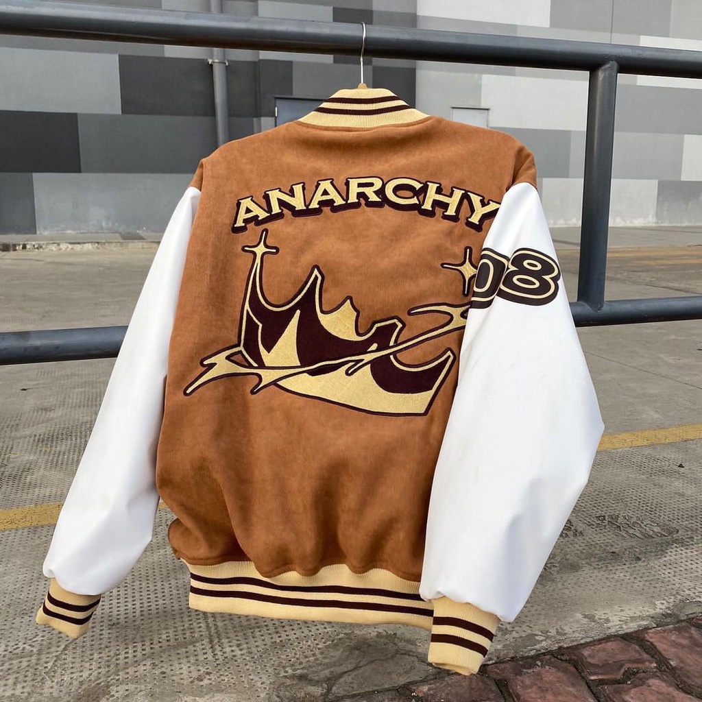 Áo Khoác Bomber Nhung Gân Tăm Thêu L- ANARCHY Jacket Varsity Unisex Form Rộng Ulzzang - La mode