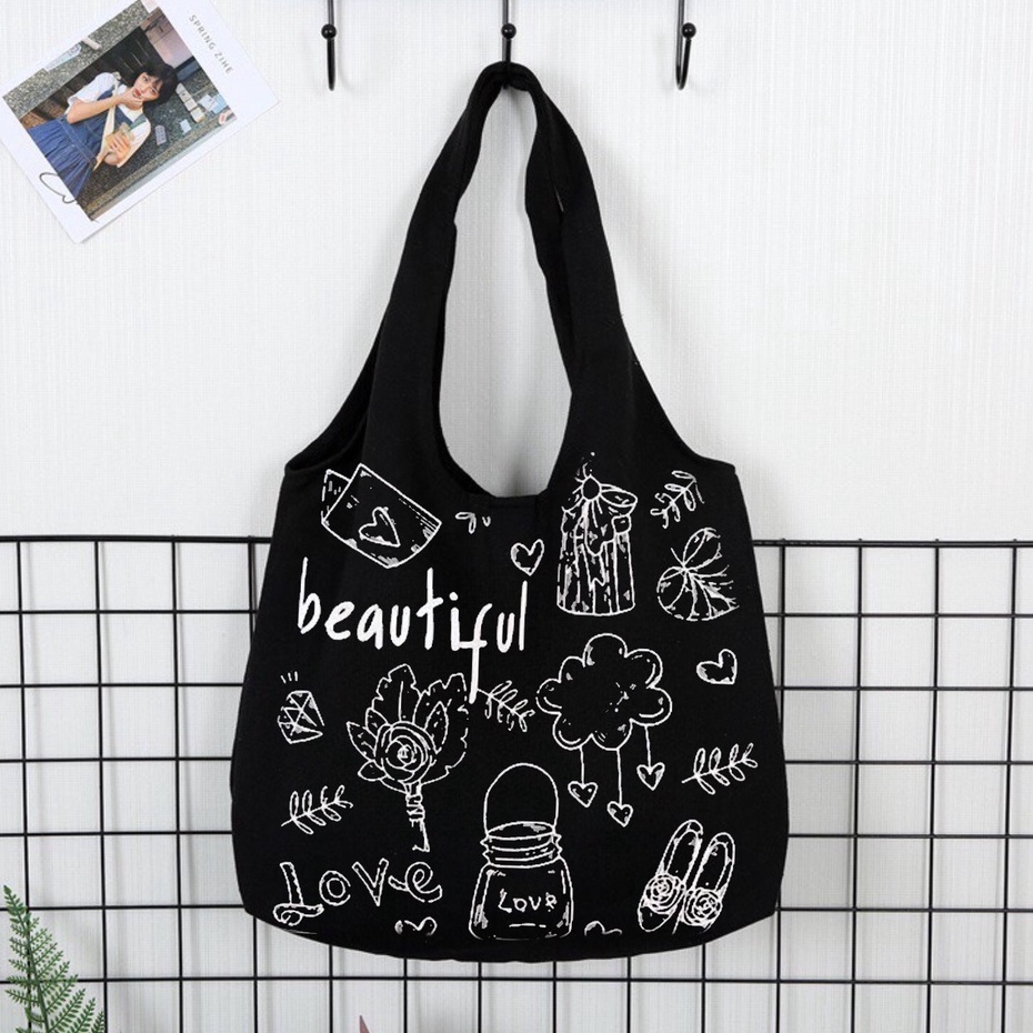 Túi tote Hazin túi vải canvas nữ Beautiful đựng vừa laptop cỡ lớn đeo vai phong cách ulzzang