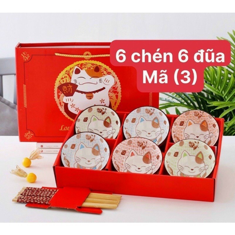 Bộ 6 chén ăn cao cấp bằng sứ decor bàn ăn kèm đũa