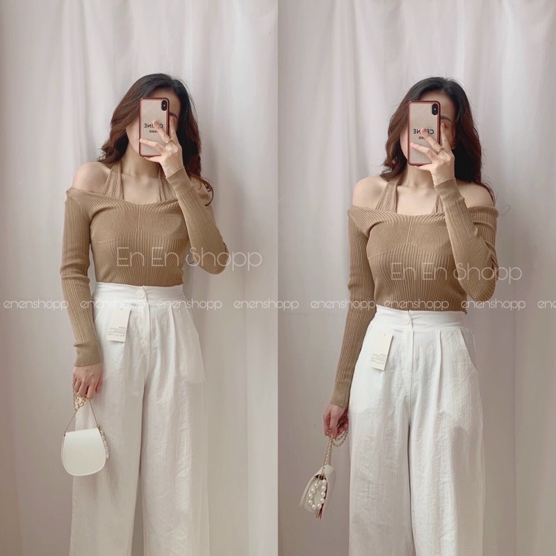 Áo len mỏng dài tay kèm dây yếm dáng ôm sexxy co giãn AS8013 - NhiNhi Shop