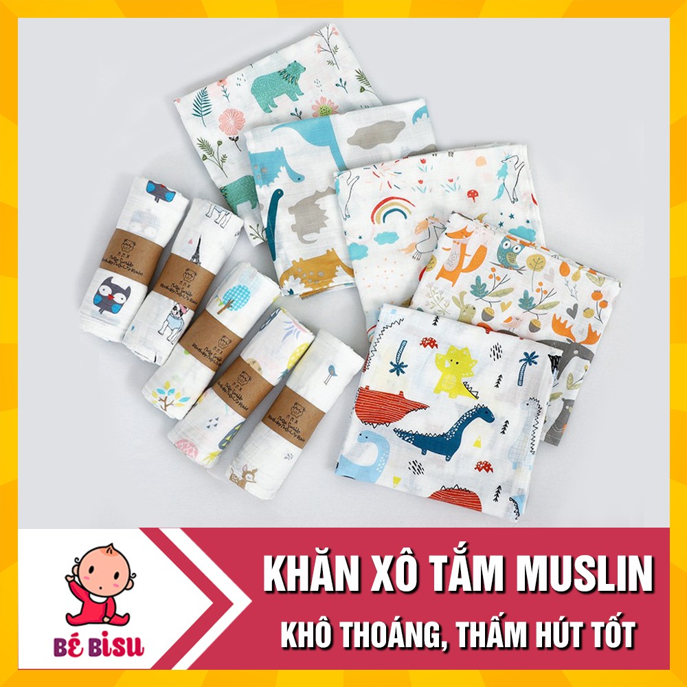 Khăn xô tắm Muslin 100% cotton (110x100cm) thấm hút, khô thoáng cho bé