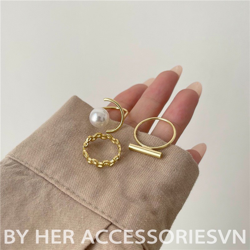 Bộ nhẫn nữ ngọc trai nhân tạo , Set nhẫn basic mạ bạc 925 vầng trăng hạt trai cá tính Her Accessories N30