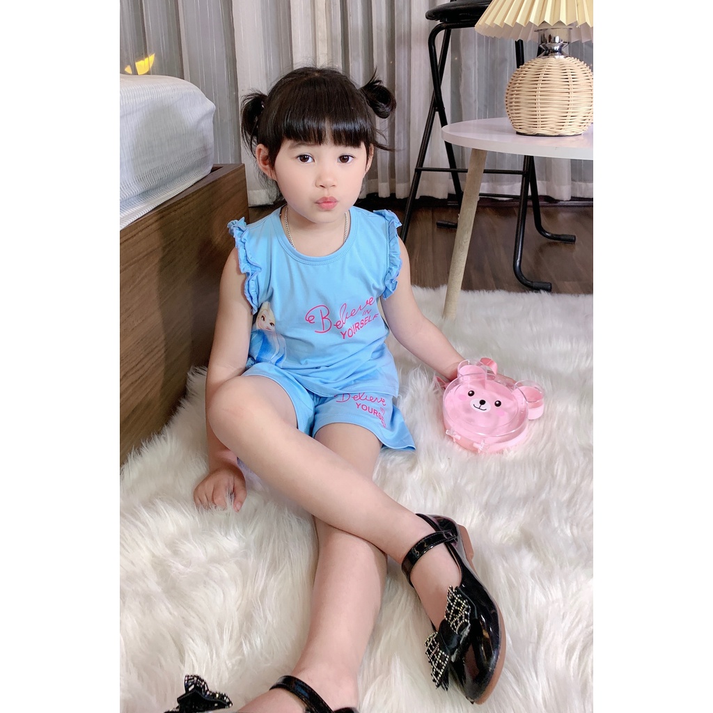 Đồ bộ bé gái vải Cotton, bộ quần áo bé gái công chúa Elsa, bộ cộc tay mặc nhà A3