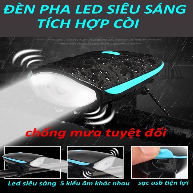 Đèn Còi Xe Đạp Với Ba Chế Độ Chiếu Sáng Chống Thấm Nước Có Thể Sạc Lại