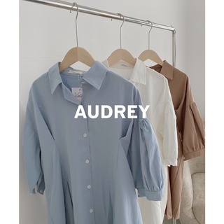 V1201 áo váy cổ sơ mi xếp li tay bồng audrey