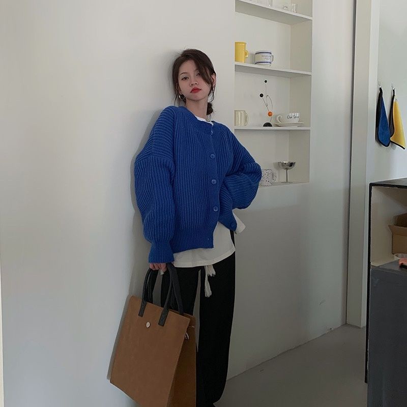 Áo Khoác Cardigan Dệt Kim Màu Xanh Dương Thời Trang