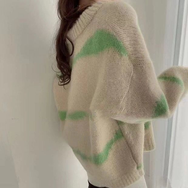 Áo khoác cardigan dáng rộng cổ chữ V kẻ sọc dễ phối đồ thời trang cho nữ