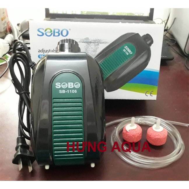 Máy Sủi Oxy bể cá SOBO SB-1102 1 vòi và SB-1106 2 vòi chạy siêu êm (chọn combo kèm phụ kiện dây+quả sủi)