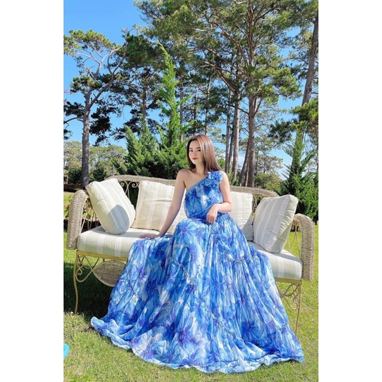Váy Maxi Lệch Vai, Đầm Maxi Đi Biển IVA12.2, Chất Voan Mềm Mướt, Mầu Xanh, Cho Dáng Dài Miên Man.