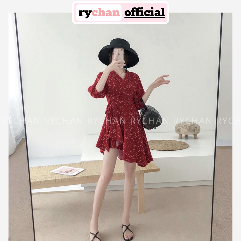 Đầm Xòe Bi Đỏ Đắp Chéo Lệch Tà Cổ V Tay Lửng Form Ngắn - DX778