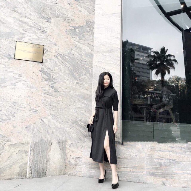 DM606 - Đầm Maxi Đen Xẻ Nút Bọc ( Kèm Hình Thật ) | BigBuy360 - bigbuy360.vn