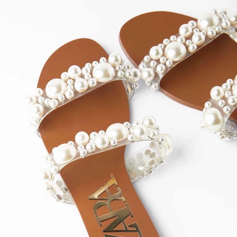 Sandal bệt đính hạt ngọc Zara xuất full box