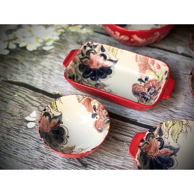 Chén bát sứ tráng men hoa đỏ trang trí bàn ăn, dùng trong lò nướng. lò vi sóng