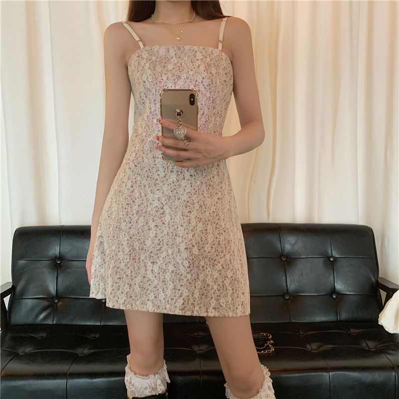 AMOI Đầm Hoa Hai Dây Ôm Eo Thời Trang Hàn Quốc Cho Nữ