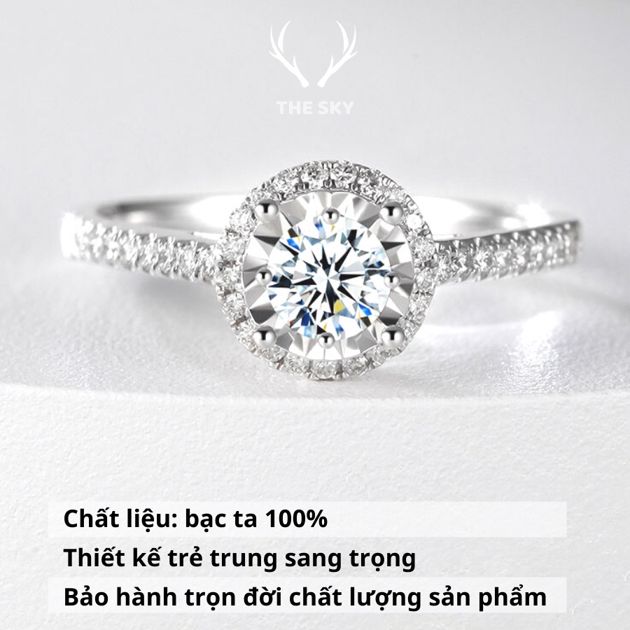 Nhẫn bạc nữ THE SKY NB02 mặt tròn đính đá sáng lấp lánh, nhẫn bạc ta hàng thiết kế hot trend