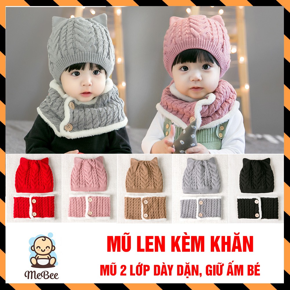 Mũ len tai mèo kèm khăn lót lông 2 lớp dày dặn, giữ ấm cho bé 1-2 tuổi