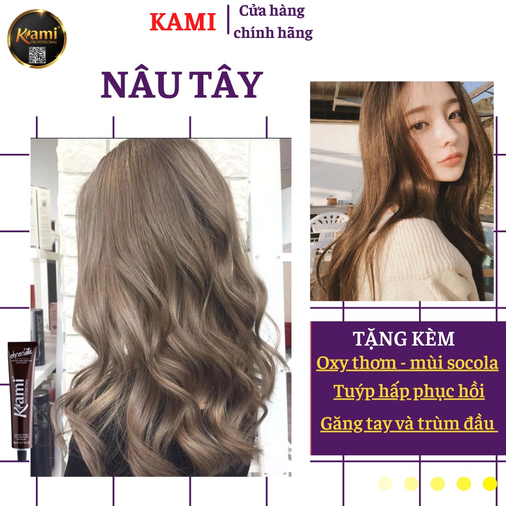 Thuốc nhuộm tóc màu nâu tây Kami không cần tẩy tóc, tặng trợ dưỡng và phục hồi tóc sau nhuộm