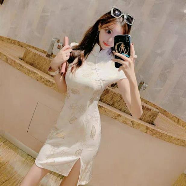 💥[Có sẵn size S và size M] Sườn xám cách tân trắng kem ngắn tay