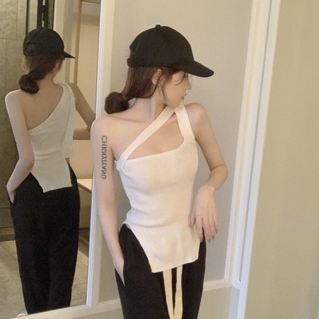 Áo dệt kim không tay thiết kế bất đối xứng gợi cảm