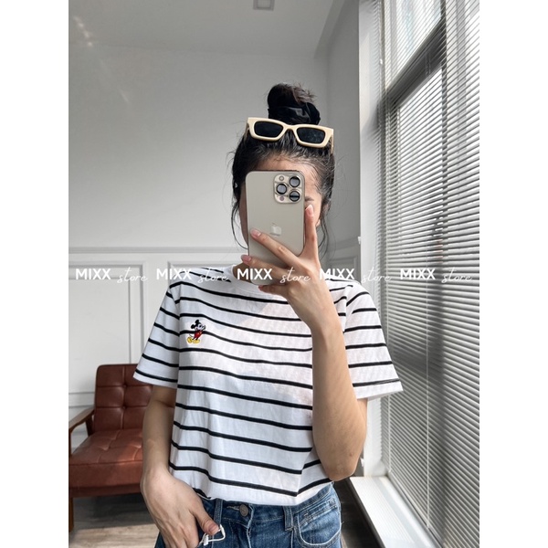 Áo Thun Nữ Sọc Thêu hình mickey nhỏ xinh xắn thun mịn cao cấp thoáng mát phom suông rộng sà