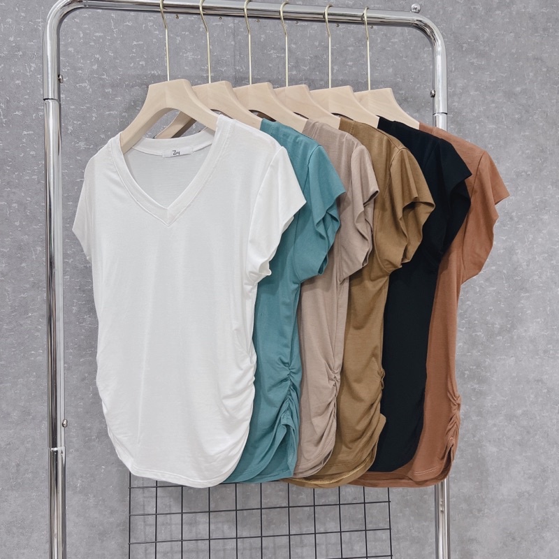Áo thun kiểu cổ tim rúm 2 bên, Áo kiểu thun dẻo mềm mịn co giãn AT6531 - NhiNhi Shop