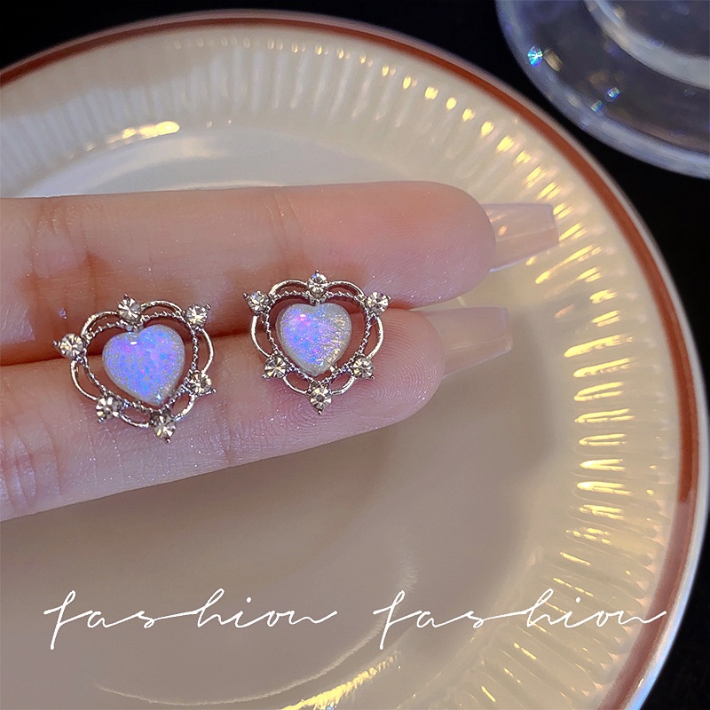 Khuyên tai AY mặt hình trái tim đính đá zircon nhân tạo phong cách Hàn Quốc lấp lánh thời trang