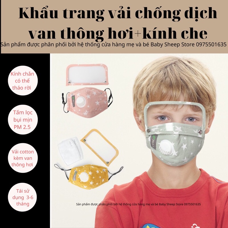 Khẩu trang vải cho bé có kính che giọt bắn và van thông hơi, chống bụi mịn cao cấp