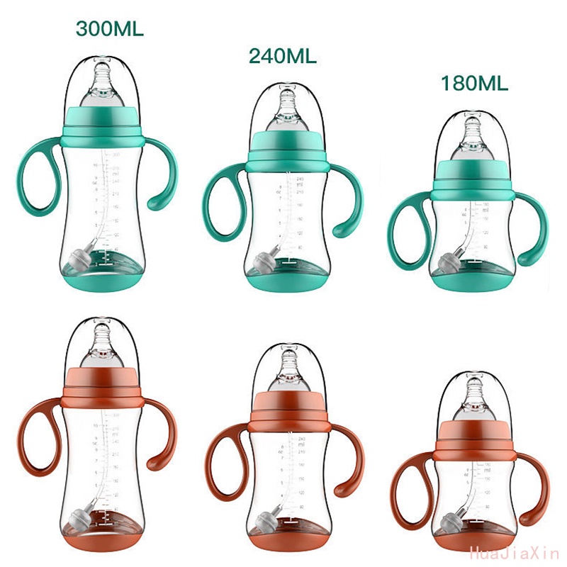 Bình sữa ti giả có tay cầm và ống hút 180ml/ 240ml/ 300ml dành cho trẻ sơ sinh