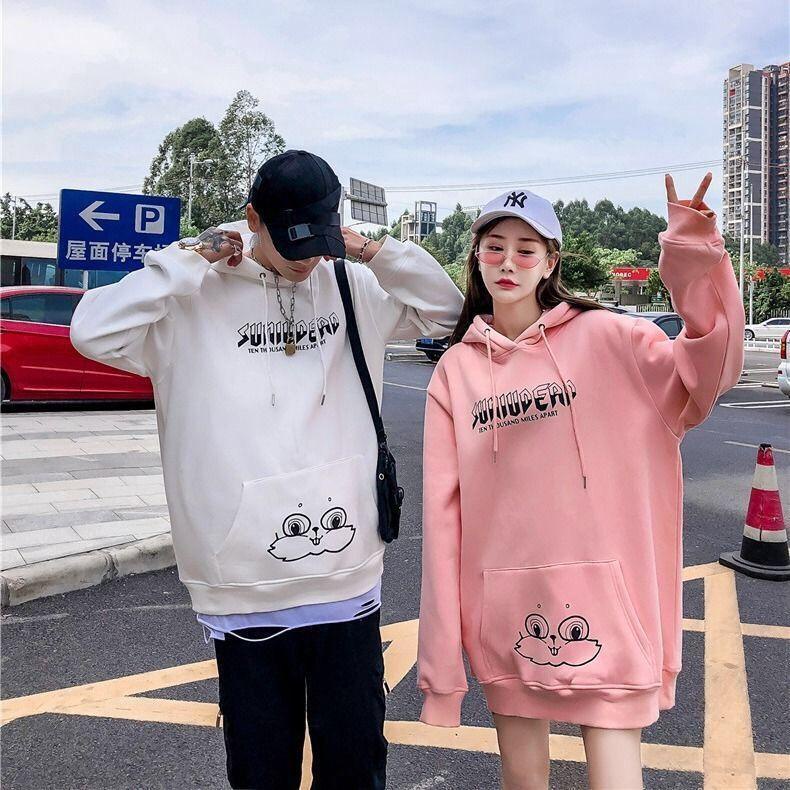Áo hoodie dáng rộng có tai thỏ dễ thương cho nam và nữ