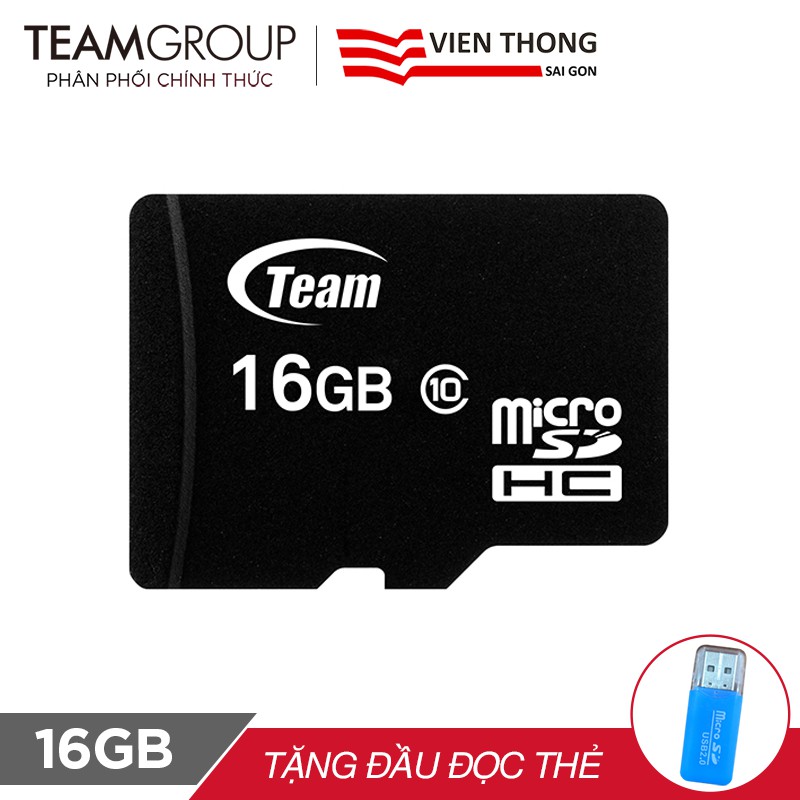 Thẻ nhớ micro SDHC Team 16GB class 10 (Đen) + Đầu đọc thẻ micro ngẫu nhiên - Hãng phân phối chính thức