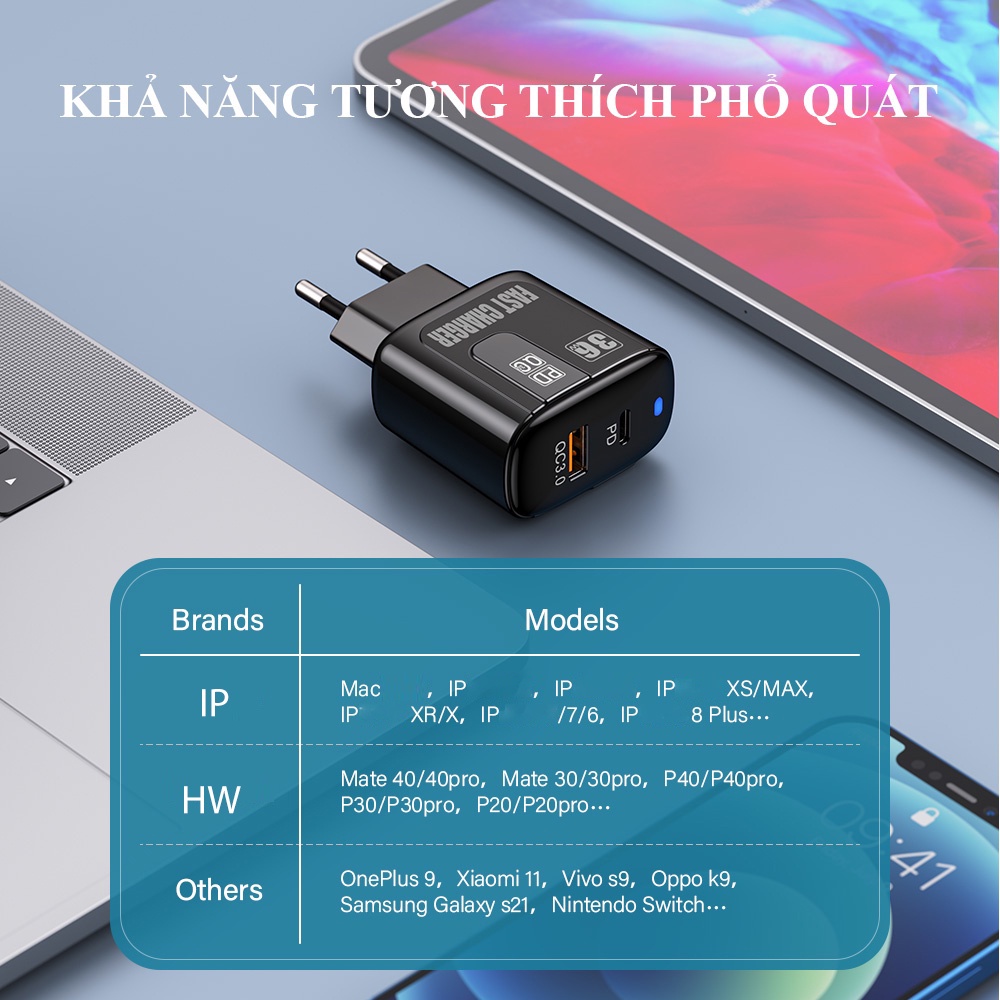 Sạc nhanh 36w cổng kép USB QC3.0 và PD, thích hợp cho điện thoại di động, pin sạc dự phòng, máy tính bảng đầu sạc nhan