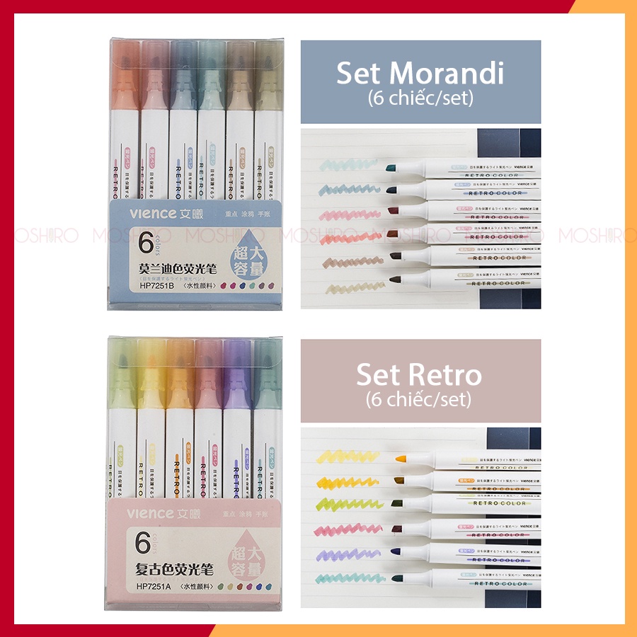 Set 6 Bút Highlight dạ quang Moshiro nhớ dòng hỗ trợ ghi chú, đánh dấu tiện dụng nhiều màu