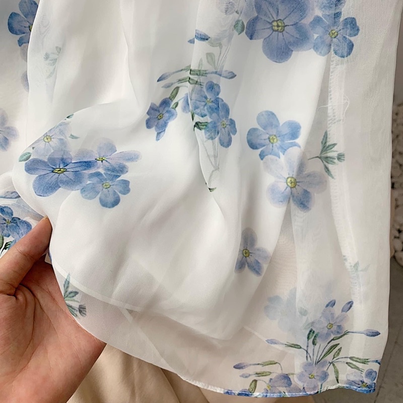 [ Ảnh thật / video ]  Đầm voan hoa xanh trễ vai siêu xinh