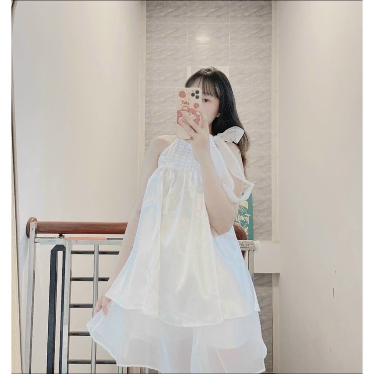 Set áo trắng cổ yếm nơ cổ + chân váy