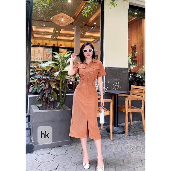 Váy nhung tăm 2 túi cúc đồng dáng dài cho nữ 3 màu