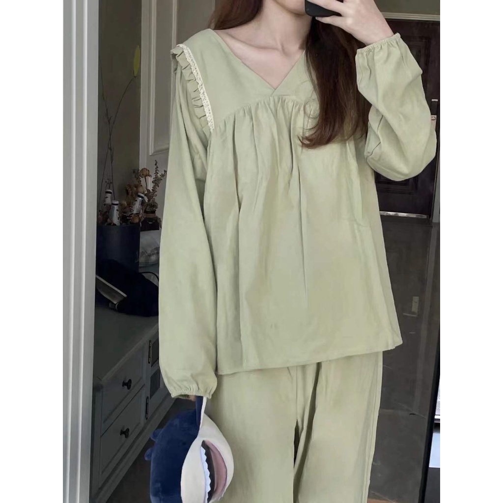 Bộ Đồ Ngủ Tay Dài Cổ Chữ v Màu Trơn Phong Cách Hàn Quốc Thời Trang Thu Đông Mới Cho Nữ