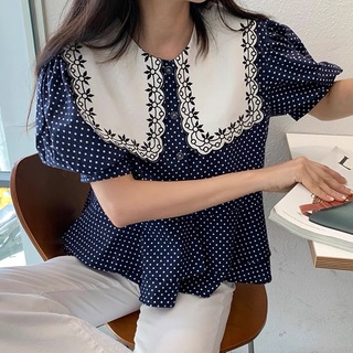 Áo peplum chấm bi xanh