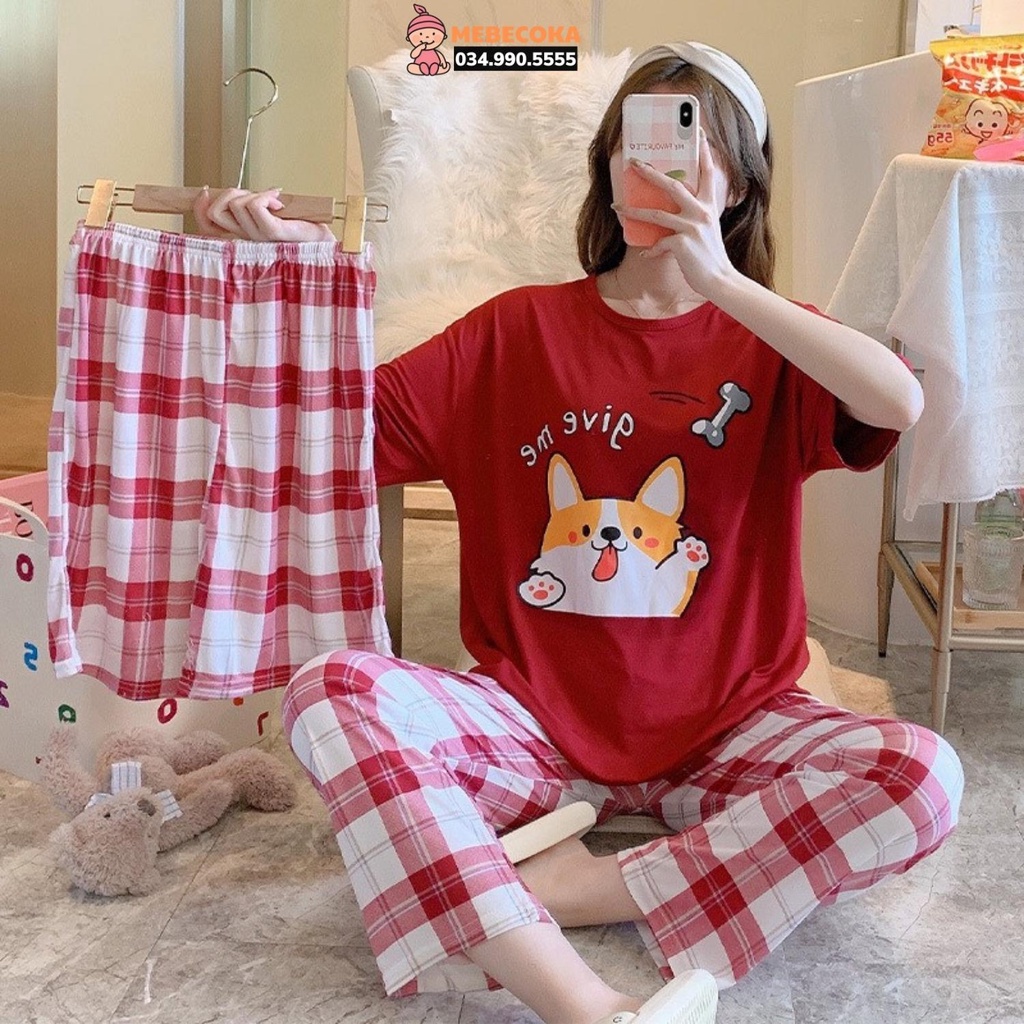 Bộ ngủ nữ mặc nhà 3 CHI TIẾT quần dài, quần đùi áo cộc tay cute đáng yêu